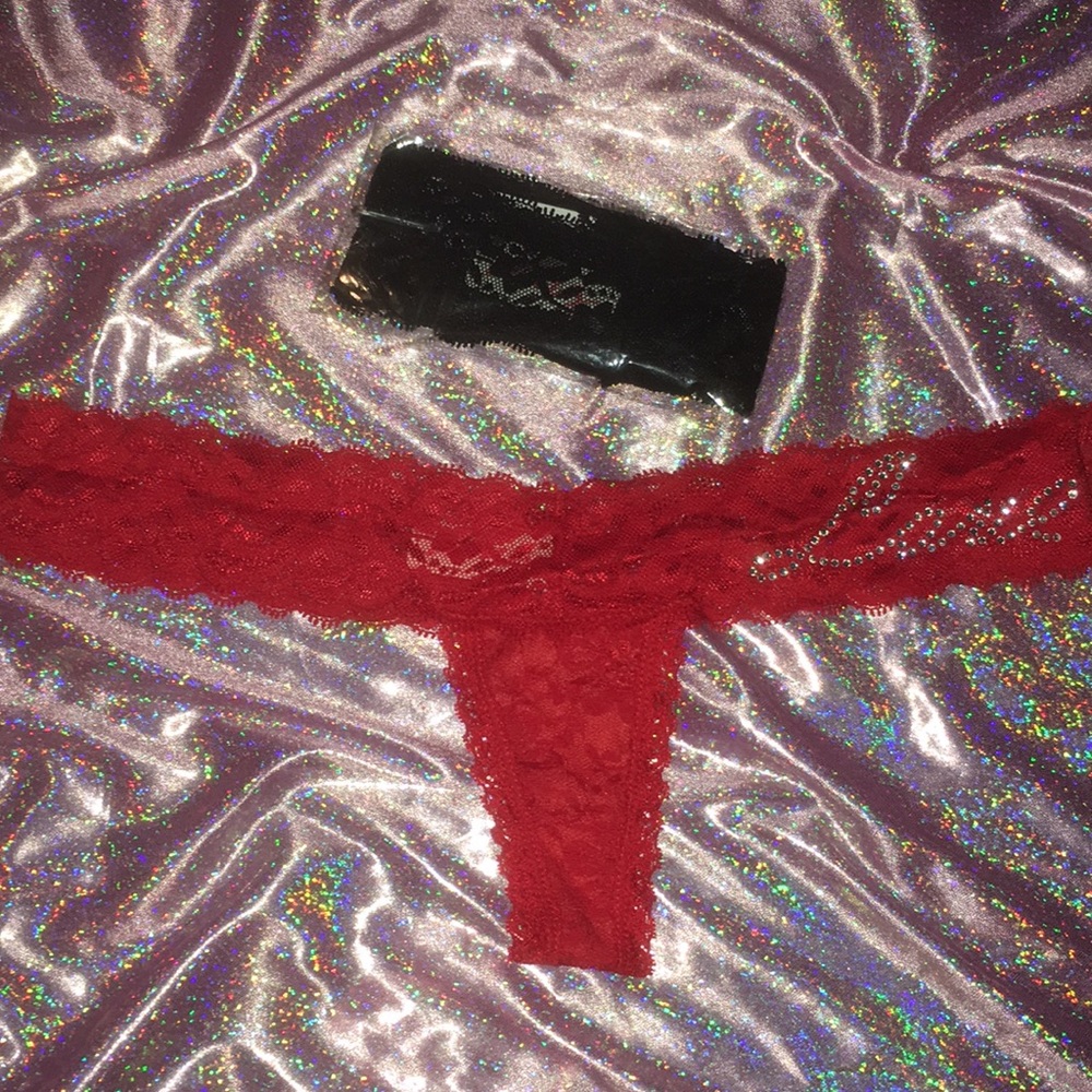Black Lace Thong With Rhinestone Love Detail